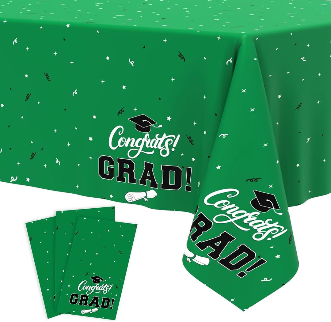 Tbsone Graduation Tablecloth 2026, 3 Pack Disposable Plastic Table Covers 54" x 108", Congrats Grad Party Supplies for College & High School Graduation (Green)