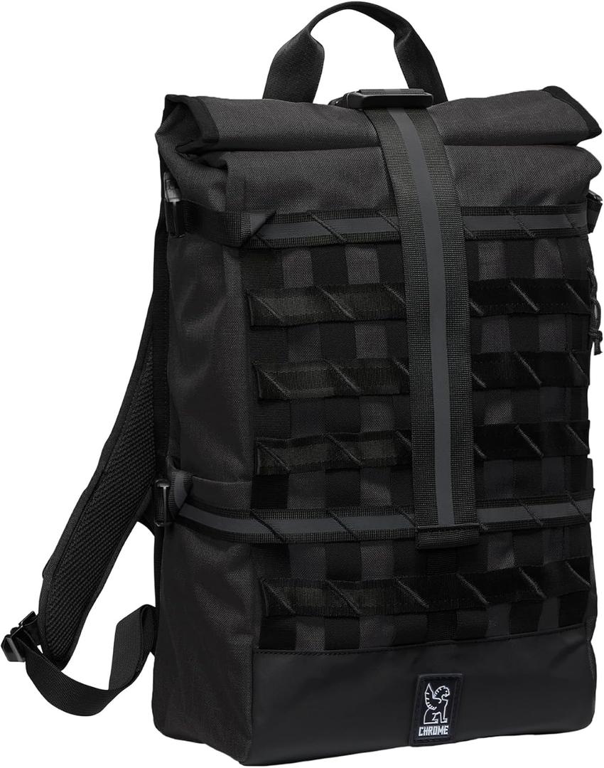Chrome Industries Barrage 22L Black Roll-Top Backpack  Water Resistant Bag for Work, School, Travel  Features Cargo Net & Laptop Pocket