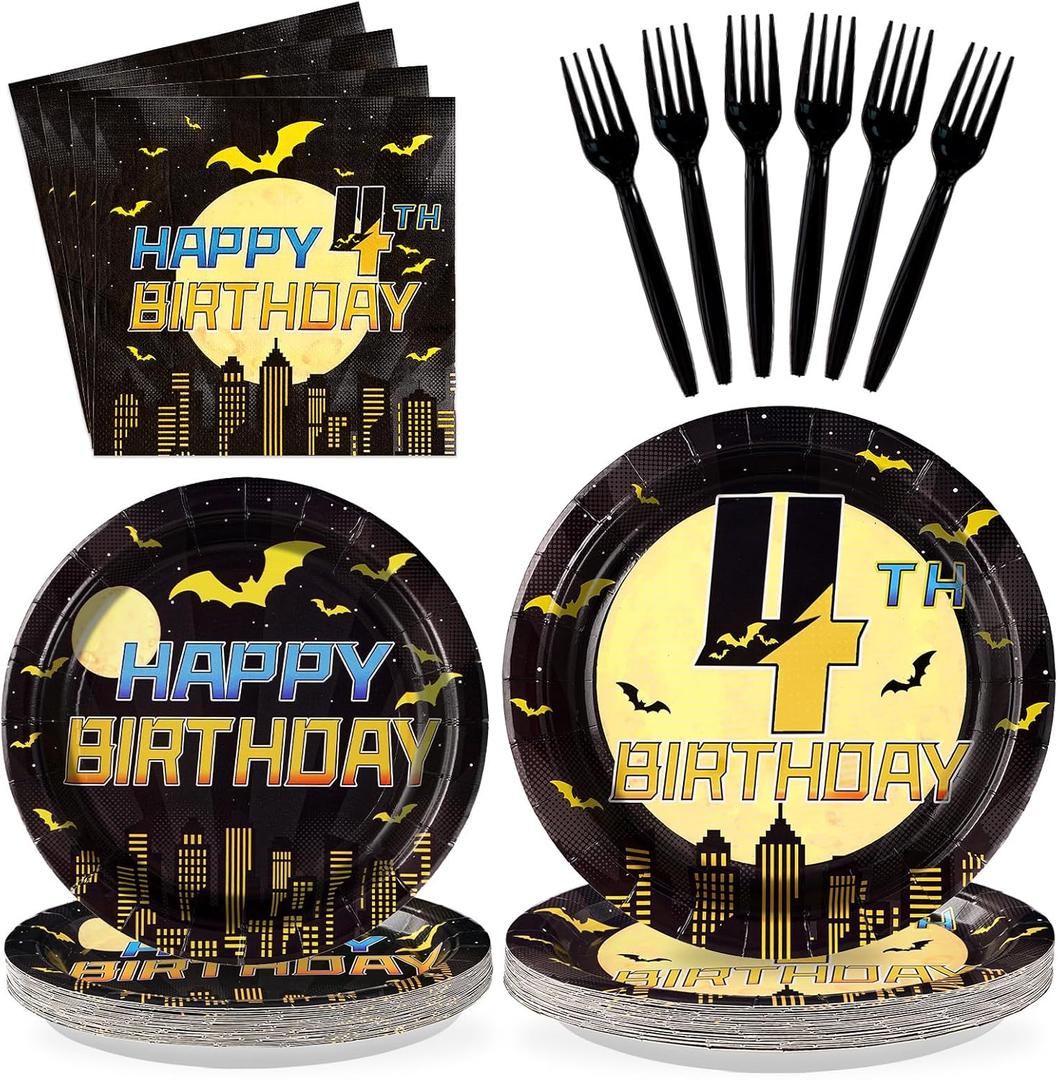 96Pcs Bat 4th Birthday Party Decorations Black Yellow Cartoon Bat Hero Paper Plates and Napkins Set Bats Fourth Birthday Decoration for Boys 4 Years Old Super Theme Hero Bats Party Supplies Serves 24