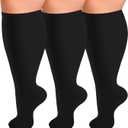 3 Pack Wide Calf Compression Socks for Women & Men, Plus Size Knee High Stockings for Circulation Support, Black L/ XL