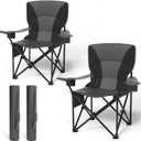 Heavy Duty Folding Chair 500LB Capacity, Oversized Camping Chairs with Cup Holder, Cooler Bag & Storage Pouch, Double-Layer Fabric, Outdoor Chairs for Sports, Lawn Chairs (2, Black Grey, Oversized)