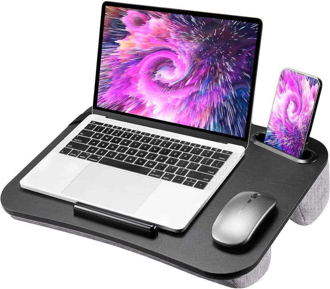 HUANUO Laptop Lap Desk, Fits up to 15.6-Inch Laptops and Tablets, Portable Lap Desk with Cushion, Phone Holder and Storage Bag, Black Lapdesk for Home Office or Dormitory