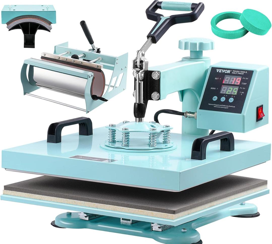 VEVOR Heat Press 15x15 inch, 5 in 1 T-Shirt Cap Hat Mug Press, Combo Tumbler Heat Press for plate Sublimation, Green