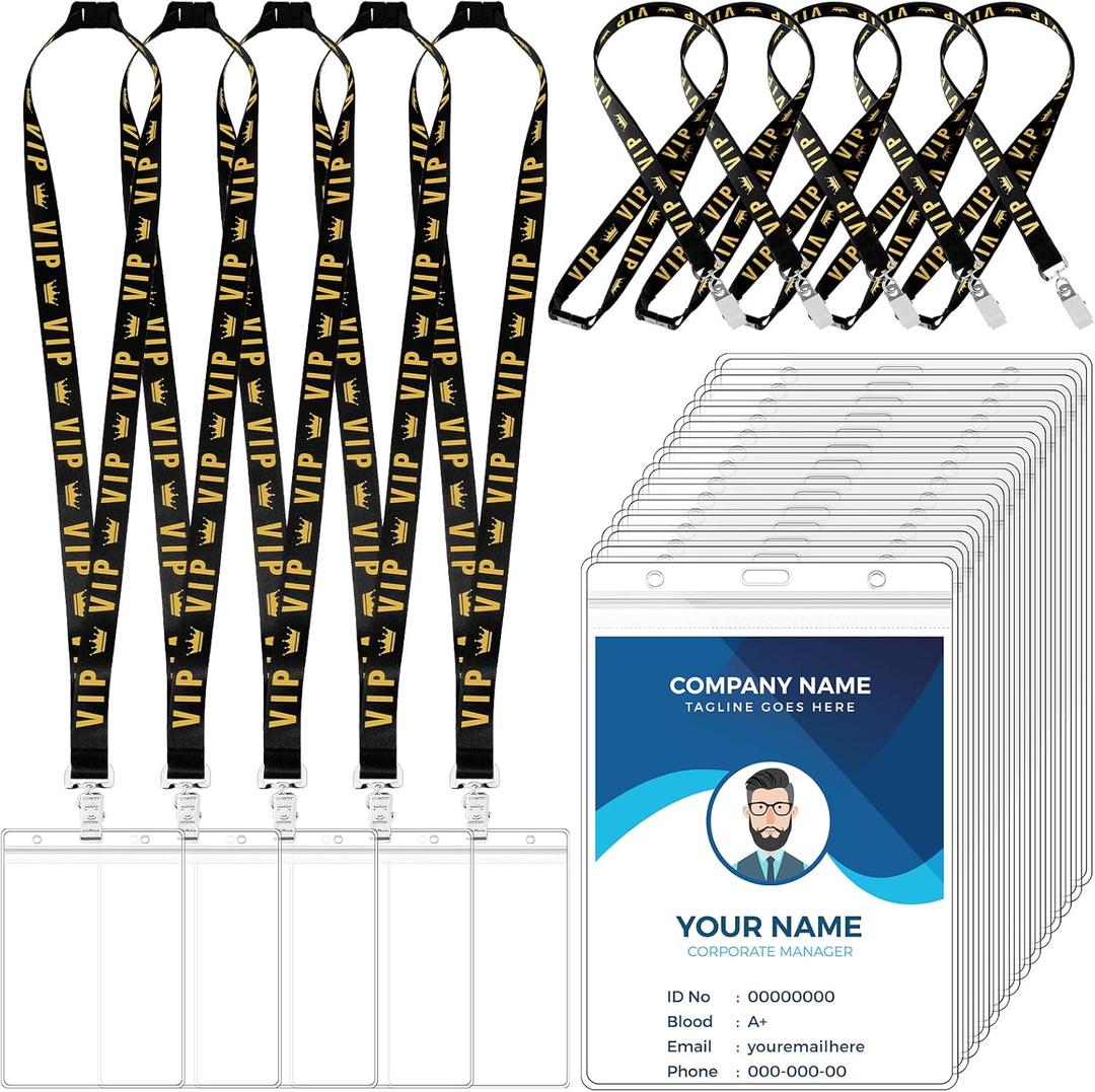 Kosiz 25 Set VIP Lanyards with 4 x 6 Inch Clear Badge Holder Credential Holders Breakaway Black VIP Badge Lanyard for Events Backstage Concert Gaming Ticket Party Office Supply