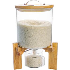 Rice Dispenser, Rice Storage Container, Flour and Cereal Container for Kitchen Organization and Pantry Store, Glass Cereal dispenser with Airtight Lid and Wooden Stand 5L