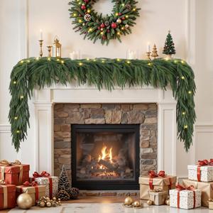 9ft Artificial Christmas Garland with Lights, Real Touch Norfolk Pine Garland - Pine Garlands, Prelit Green Christmas Garland for Mantle, Table, Fireplace, Indoor, Outdoor Christmas Decorations