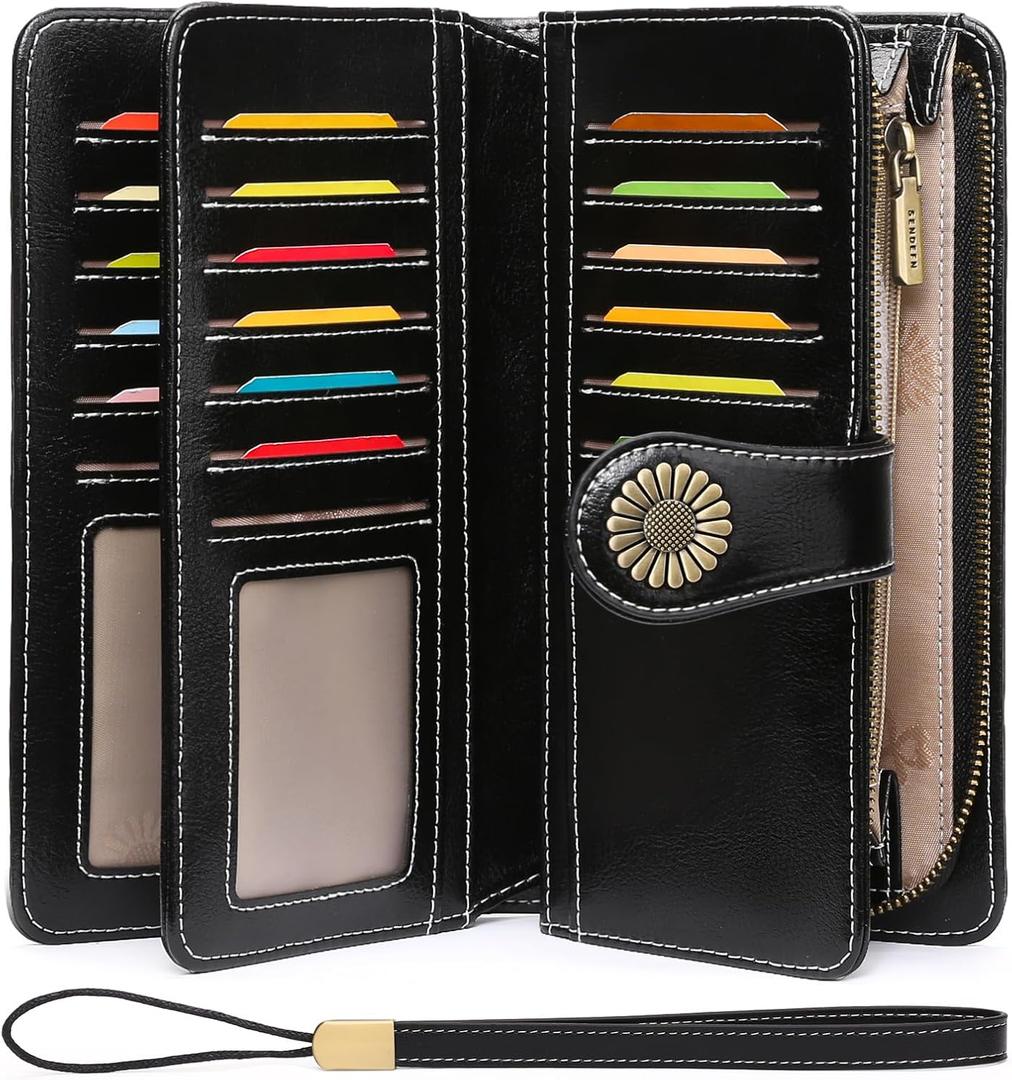 SENDEFN Wallets for Women Leather Credit Card Holder with RFID Blocking Large Capacity Wristlet (1-wax-black)