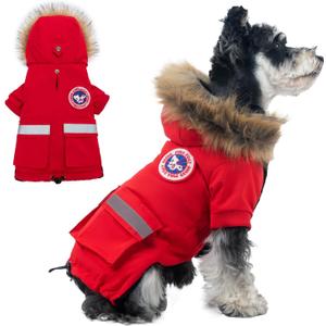 PINA Small Dog Coats - Waterproof, Warm Winter Jacket with Faux Fur Hood & Pocket (S(Chest 17.7"), Red)