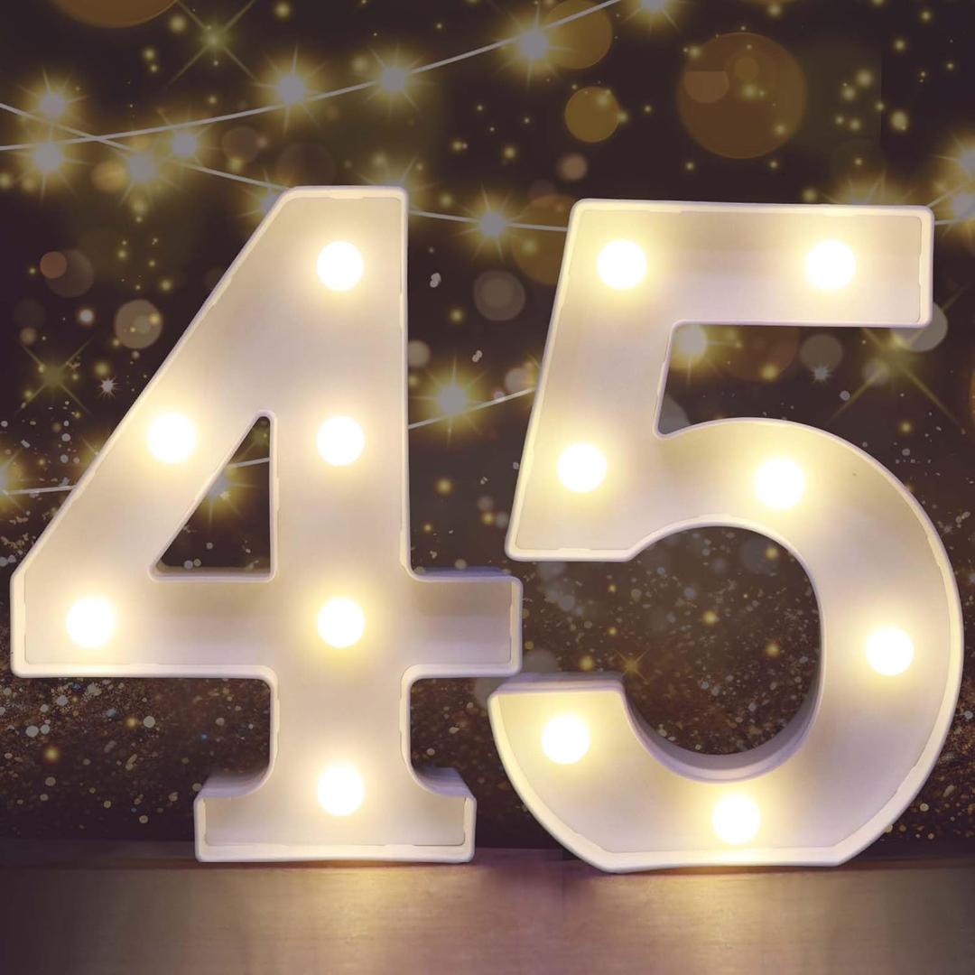 Pooqla Decorative LED Light Up Number Letters, White Plastic Marquee Number Lights Sign for 45th Birthday Party Wedding Decor, Battery Operated (45) Pooqla Decorative LED Light Up Number Letters, White Plastic Marquee Number Lights Sign for 45th Birthday Party Wedding Decor, Battery Operated (45)