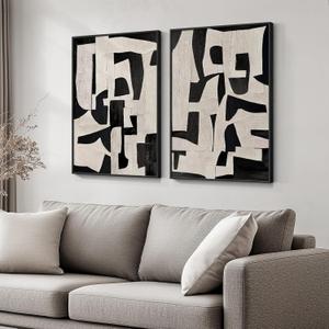 Framed Black and Beige Abstract Wall Art, 2 Piece Canvas Prints Paintings Artwork for Walls, Modern Minimalist Abstract Pictures for Living Room Hallway Bedroom Office Bathroom Wall Decor 16x24 In (Duet)