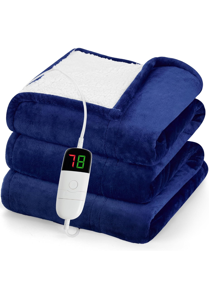 Heated Blanket Electric Throw 50"X60", Heating Blanket with 10 Heat Levels 1/2/4/6/8 Hours Auto-Off Overheat Protection, Flannel Sherpa Soft Warm Heater Blanket, ETL Certified Sea Blue