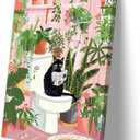 Sboobily Black Cat Wall Art Animal Poster Modern Funny Bathroom Wall Art Canvas Prints, Cat Sitting on Toilet Reading Newspaper Pictures Painting Decor 08x12 inches