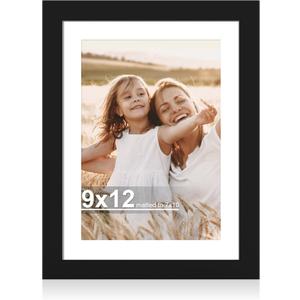 Hongkee 9x12 Picture Frame with Glass, Display Pictures 7x10 with Mat or 9 x 12 without Mat - Wall and Tabletop, 9 by 12 Photo Wooden Frames (Black, 1 Pack)