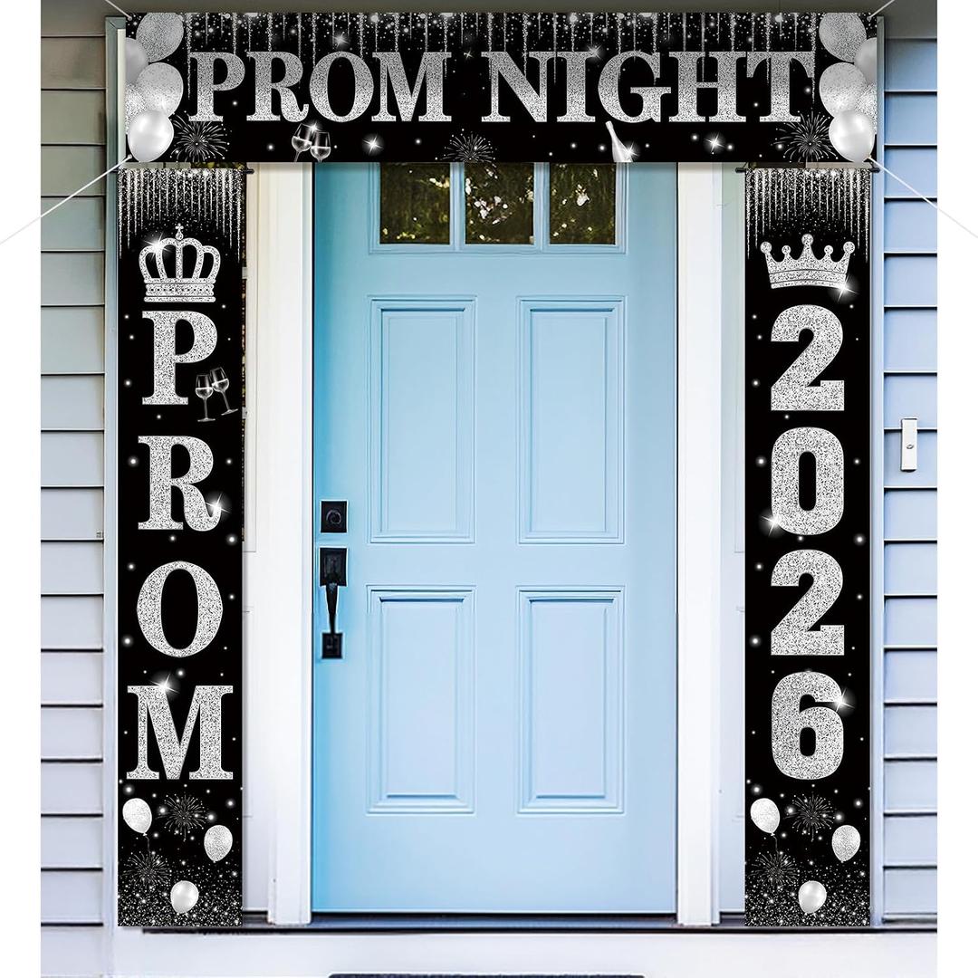 SmoothNovelty 3 Pcs Prom Night Decorations 2026 Graduation Party Supplies Sliver Glitter Prom Send off Banner Porch Sign Backdrop for Photoshoot 2026 High School College Graduation Celebrations