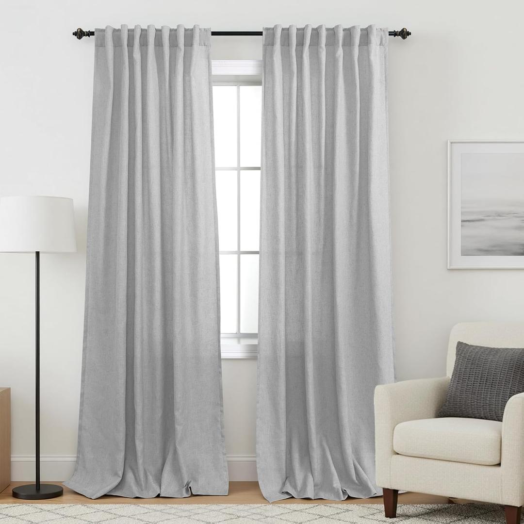 KOUFALL Grey Back Tab Rod Pocket Linen Sheer Curtains for Living Room 52x90 Inches Long