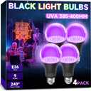 UNILAMP Black Light Bulbs: A19 9W UV Black Light Bulb, UVA 385-400nm, Black Light for Glow in The Dark for Face Body Paint, Blacklights Party, Halloween Decoration, 4 Pack