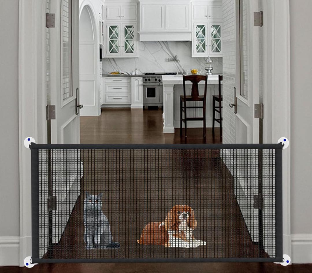 Magic Pet Gate for The House, 71.5" W X 31" H Portable Extra Wide Dog Gates for Doorways, Stairs, No Drill Durable Mesh Puppy Dog Safety Fence Guard, 6 Hooks