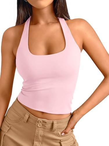 Trendy Queen Halter Tops for Women 2025 Summer Going Out Tops Backless Crop Sleeveless Workout Shirts Cute Y2k Clothes, Small, Baby Pink 