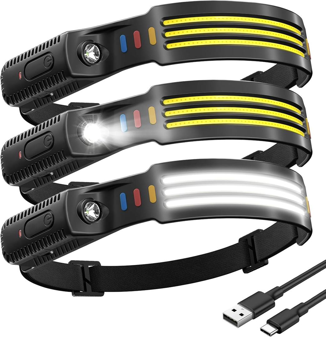 (3-Pack) Headlamp Rechargeable, 230 COB Wide Beam Head Lamp Headband, 5 Modes Headlight Led Head Band, Head Lights for Forehead, Waterproof Headlamps for Adults Running Hard Hat