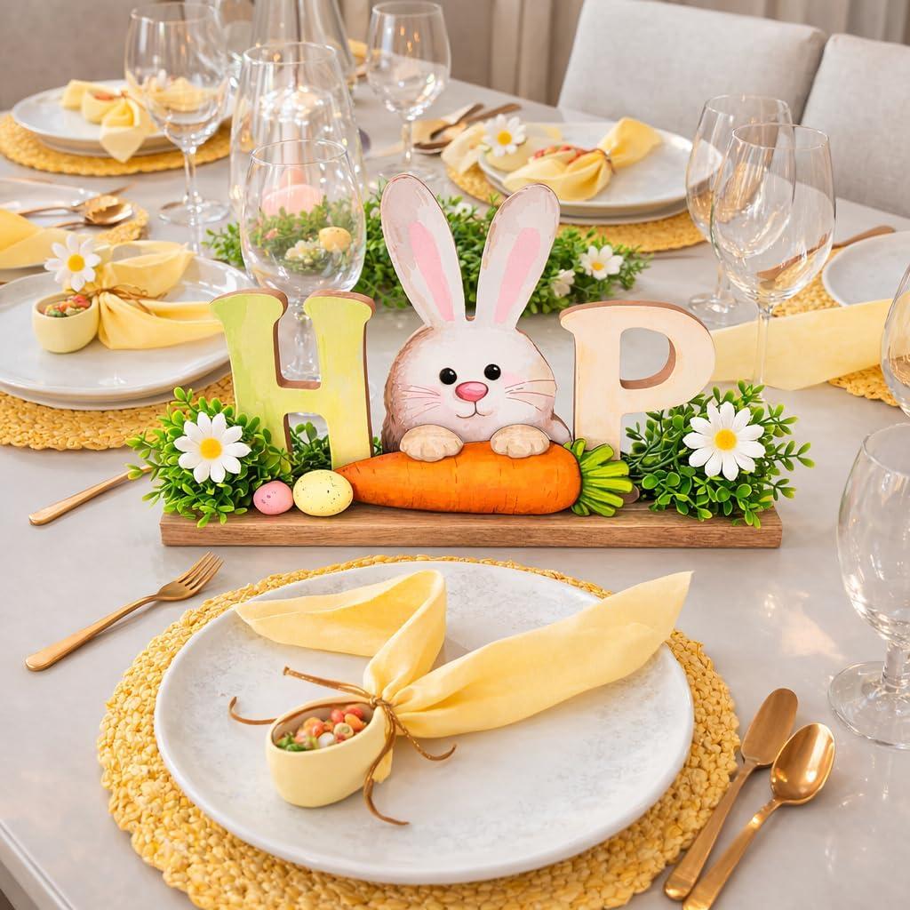 Easter Table Decorations, Wooden Bunny Tabletop Decor with HOP Sign, Rustic Farmhouse Table Centerpiece, Spring Decorations for Home, Easter Bunny Home Decor for Tiered Tray, Mantel, Shelf, Entryway & office