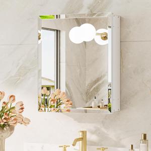 TokeShimi 14 x 18 Recessed Medicine Cabinet with Mirror, Assembly Required, White Medicine Cabinet for Bathroom, Tempered Beveled Mirror, Stepless Adjustable Shelves, DTC Hinge