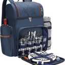 Picnic Backpack for 4,Picnic Basket Set,Leakproof Picnic Bag,Beach Cooler Backpack with Insulated Cooler Wine Pouch,Picnic Blanket, Double Deck Picnic Backpack for Beach,Camping,Park(Navy Blue)