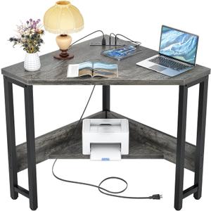 Armocity Corner Desk Small Desk with Outlets Corner Table for Small Space, Computer Desk with USB Ports Triangle Desk with Storage for Home Office, Workstation, Living Room, Bedroom, Oak