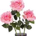3PCS Real Touch Fake Roses Pink Flower 4.72" Large Faux Rose Realistic Artificial Flowers 25.6" Long Stem Pink Silk Rose for Wedding Table Centerpieces Home Party Decoration (Pink)