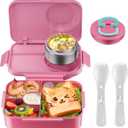 DaCool Upgraded Kids Lunch Box with Thermo for Hot Food 1400ml Child Bento Box for Kids with 5oz Small Thermo for Girls Boys with Fork Spoon Leakproof for Dining Out School Work Picnic, Rose-pink