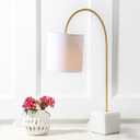JONATHAN Y 25" Marble and Brass Gold Modern Arched Table Lamp, Contemporary Iron Desk Lamp with White Linen Drum Shade for Bedroom Living Room, LED Bulb Included JYL5023A