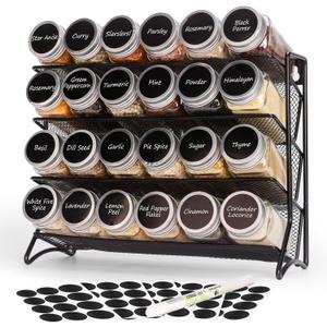 DIDITIME Spice Rack Organizer with 24 Glass Jars and 60 Labels, 4-Tier Seasoning Organizer for Cabinet, Countertop, Pantry or Wall Mount, Rust-Resistant Carbon Steel Spice Jar Set with Marker