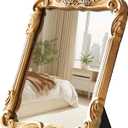 Gold Vintage Wall Decor Hanging Mirror, Boutique Chic Vanity Square Mirrors, Retro Decor Espejo,Antique Table Makeup Mirror with Stand,Living Room,Bathroom,Bedroom,11.8" L x 9.5" W Gold