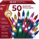 Warm Multi Color Christmas Tree Lights - 9 ft String of 50 Incandescent Mini Bulbs Multifunctional Lighting Modes, for Decorative, Bedroom, Outdoor, Xmas Twinkle Lights with Green Wire Total 10.4 ft