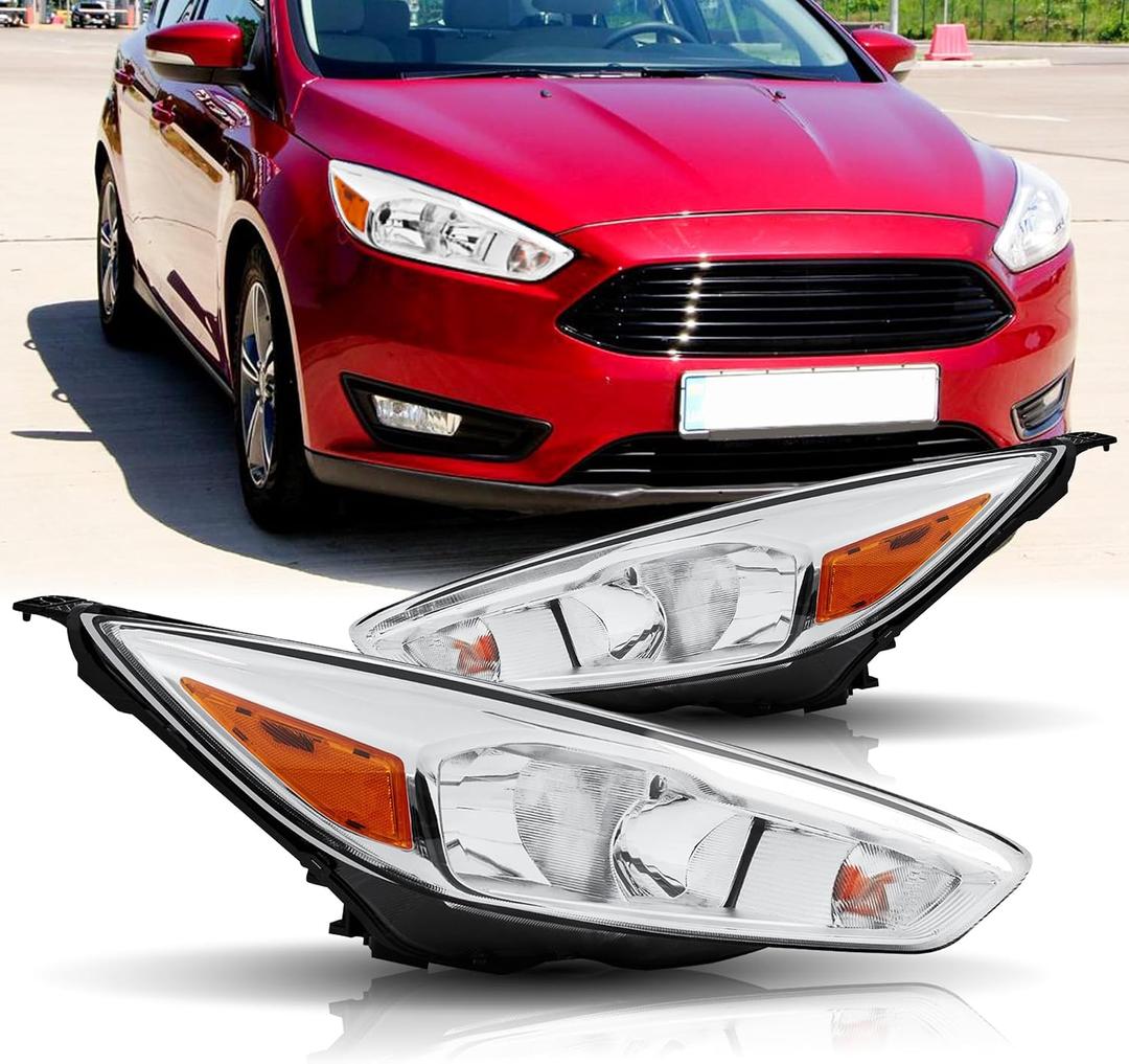 Headlights Assembly Compatible with 2015 2016 2017 2018 Ford Focus W/DRL Halogen Model Headlamp Replacement Chrome Housing Pair