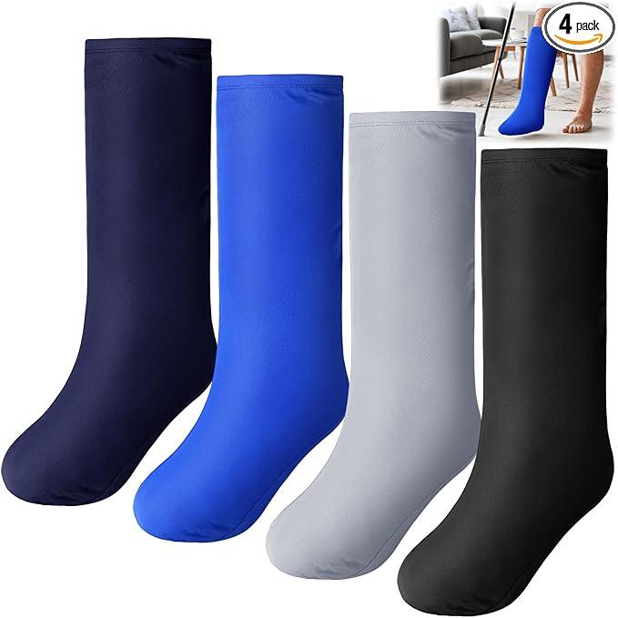 Shyyween 4 Pcs Leg Cast Cover Medium Short Cast Sock Cover Below The Knee Leg Sleeve for Foot Men Women Plaster Stocking Protective(Black, Blue, Gray,Dark Green)