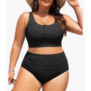 Yonique Plus Size 2 Piece Swimsuit - Womens High Waisted Bikini Tummy Control Bathing Suit Ribbed 2025 Swimwear, 18W