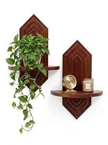 BenChiRealm 2 Pcs Floating Shelves for Wall, Pine Wood Boho Wall Decor, Mid Century Modern Decor Plant Wall Shelf, Vertical Wall Plant Holder,for Living Room,Bedroom，Nursey Room (Walnut)