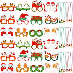 2 x 42 Pcs Christmas Paper Eyeglasses and Tree Bead Necklace Christmas Glasses for Photo Props Holiday Gift