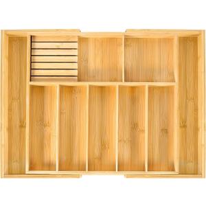VaeFae Extra Large Kitchen Utensil Holder, Bamboo Silverware Drawer Organizer, Expandable Cutlery Organizer with Knife Block, Multifunctional Drawer Divider