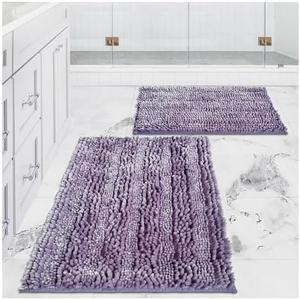Civkor Bathroom Rugs Set 2 Pieces Light Purple Butter Chenille, Shiny Noodle Bath Mat Rug Set with Non Slip Backing, Super Water Absorbent Machine Washable 31x20 and 24x16 Inch, Lavender