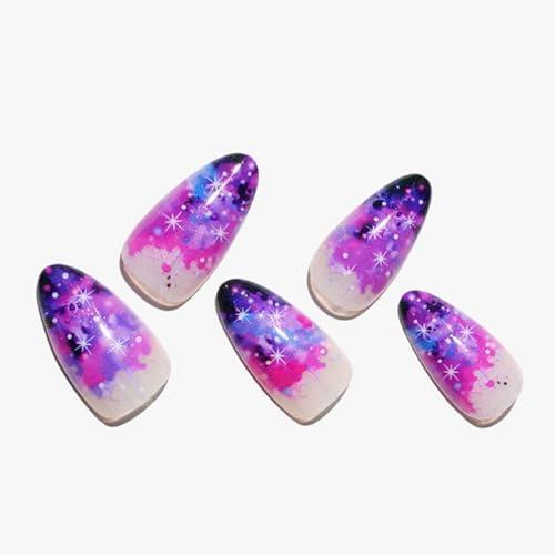 GLAMERMAID Press on Nails Medium Almond,UV Purple False Nails with Ombre Design,Gel Glue on Nails Reusable Full Cover Manicure Set for Women Pack of 4