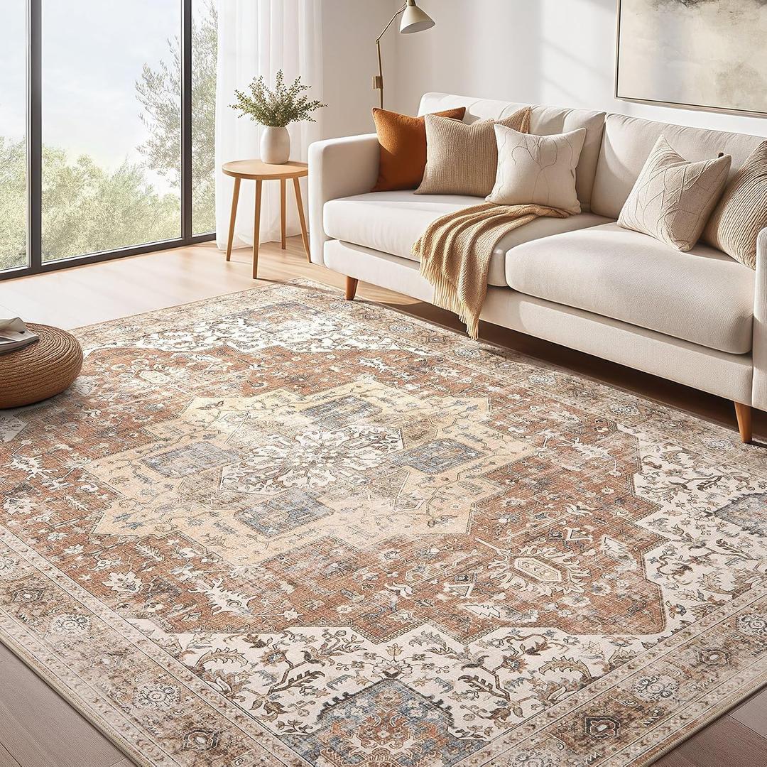 Washable Rug 7x9 Area Rugs: Boho Vintage Distressed Oriental Medallion Neutral Thin Large Rug Carpet for Living Room Bedroom Dining Room Home Office Decor - Brick Red