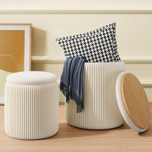 Round Ottoman with Storage Set of 2, White Vanity Stool, Upholstered Velvet Storage Ottomans, Makeup Chair Seat for Bedroom, Small Pouf Footstool for Living Room, Large & Medium