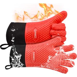 Kitchen Oven Gloves - Silicone Double-Layer Heat Resistant Oven Mitts/BBQ Gloves/Grill Gloves - Perfect for Baking and Grilling - 1 Pair (Small, Red Long)