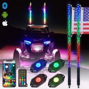 OHMU 2Pcs 4FT LED Whip Lights and 3rd-Gen Rock Lights Package with Bluetooth and Remote Control 360 Spiral RGB Chasing Neon Pods Offroad Warning Lighted Antenna Whips and Rocks Cambo OHMU 2Pcs 4FT LED Whip Lights and 3rd-Gen Rock Lights Package with Bluetooth and Remote Control 360 Spiral RGB Chasing Neon Pods Offroad Warning Lighted Antenna Whips and Rocks Cambo