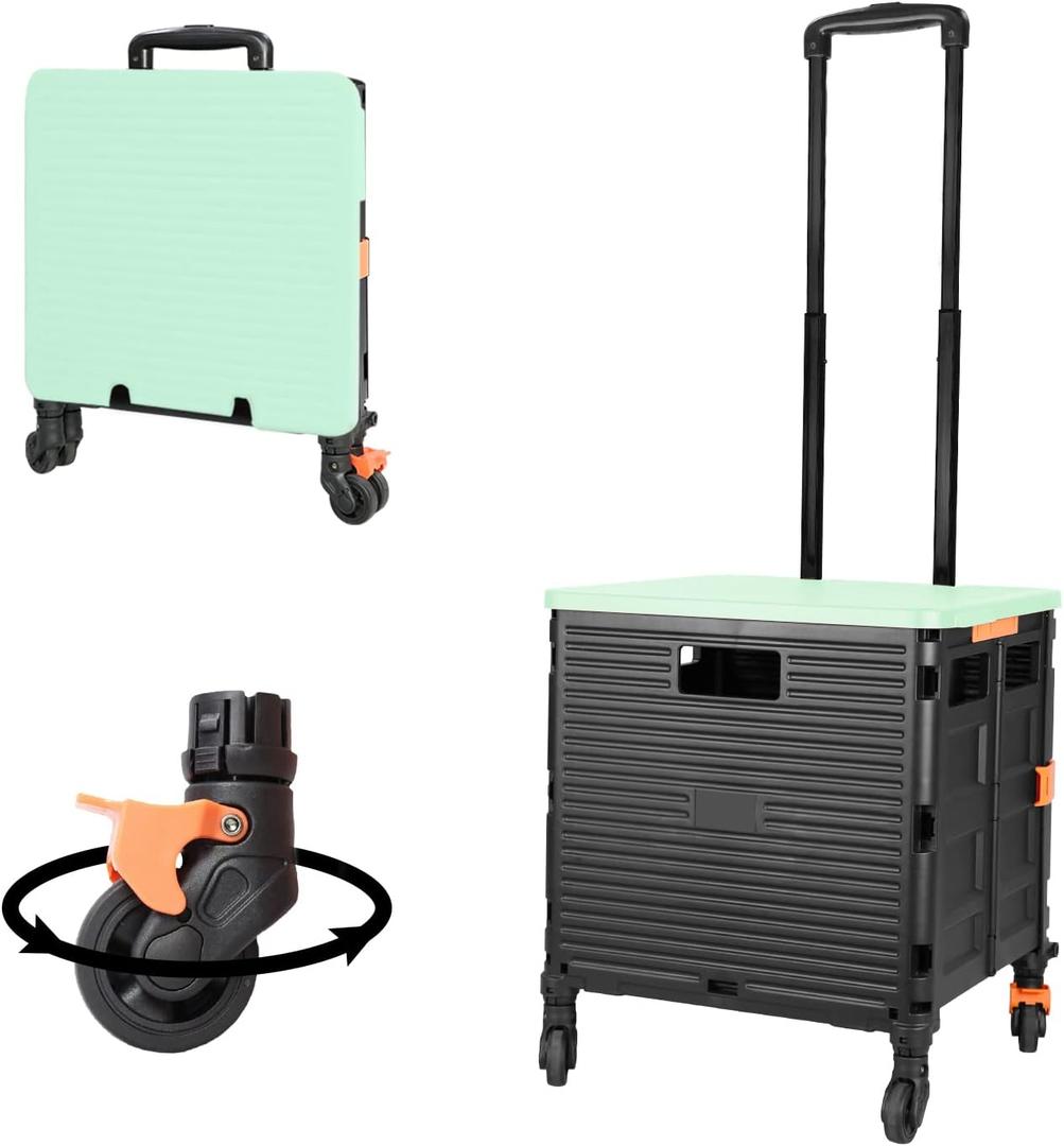 FELICON SELORSS Foldable Utility Cart Folding Portable Rolling Crate Handcart with Heavy Duty Telescoping Handle Collapsible 4 Rotate Wheels for Travel Shopping Move Luggage Office Use(Black+Green)