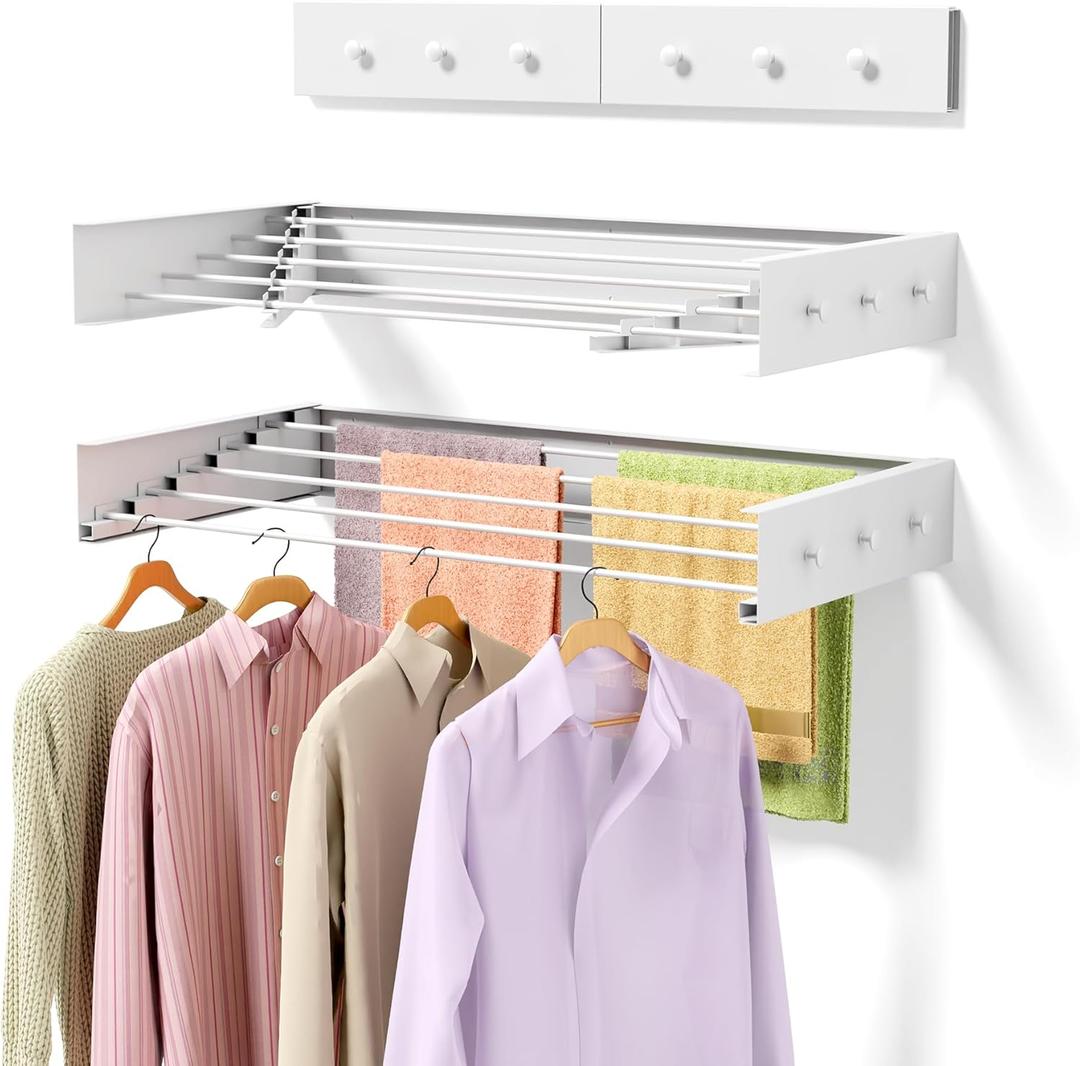 Upgrade Laundry Drying Rack, 31.5" Drying Rack Clothing Wall Mounted,Foldable, 5 Aluminum Rods with 6 Hooks, Space-Saving White Collapsible Drying Racks Hanger for Laundry Bathroom