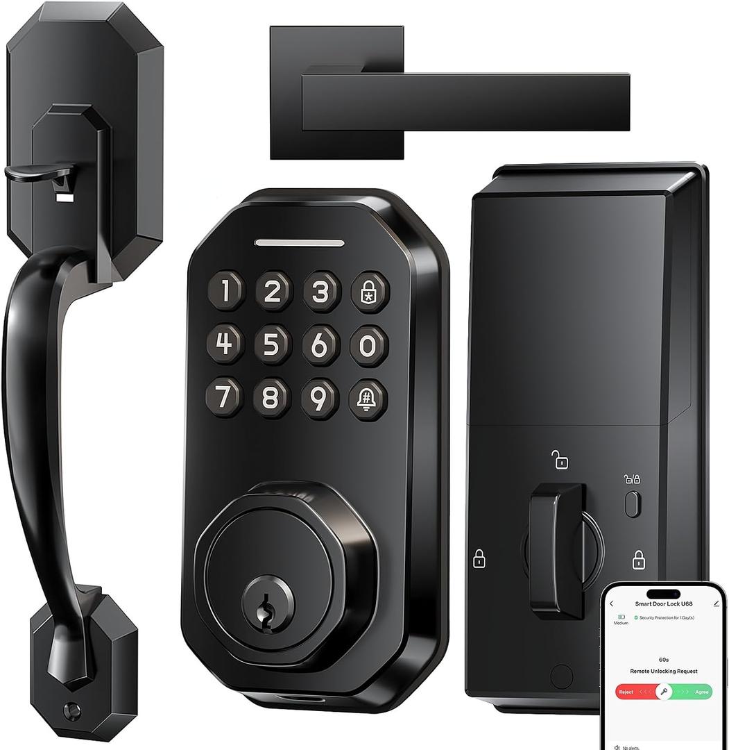 WiFi Smart Door Lock for Front Door, App Control, Keyless Entry Door Lock with Handle Set, Auto Lock, One-time Codes, Easy Install, Matte Black.