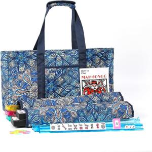 American Mahjong Tile Set with Blue Printed Carrying Bag, 166 Premium Tiles, 4 All-in-One Color Racks/Pushers, Mah Jongg Sets, Mahjong Game Set for Travel, Christmas, Birthday Gifts