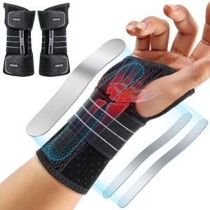 2 Pack Carpal Tunnel Wrist Braces, Adjustable Night Wrist Support with 3 Metal Splints, Hand Stabilizer for Men Women No Pressure on Thumb, Right and Left Hand, Gray Size M